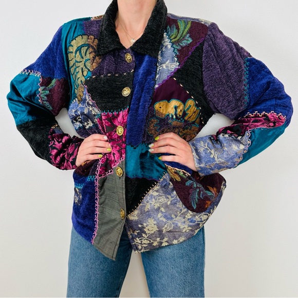 Vintage Tapestry Patch Velour Knit Gold Button Jacket boho quilted - Picture 5 of 10